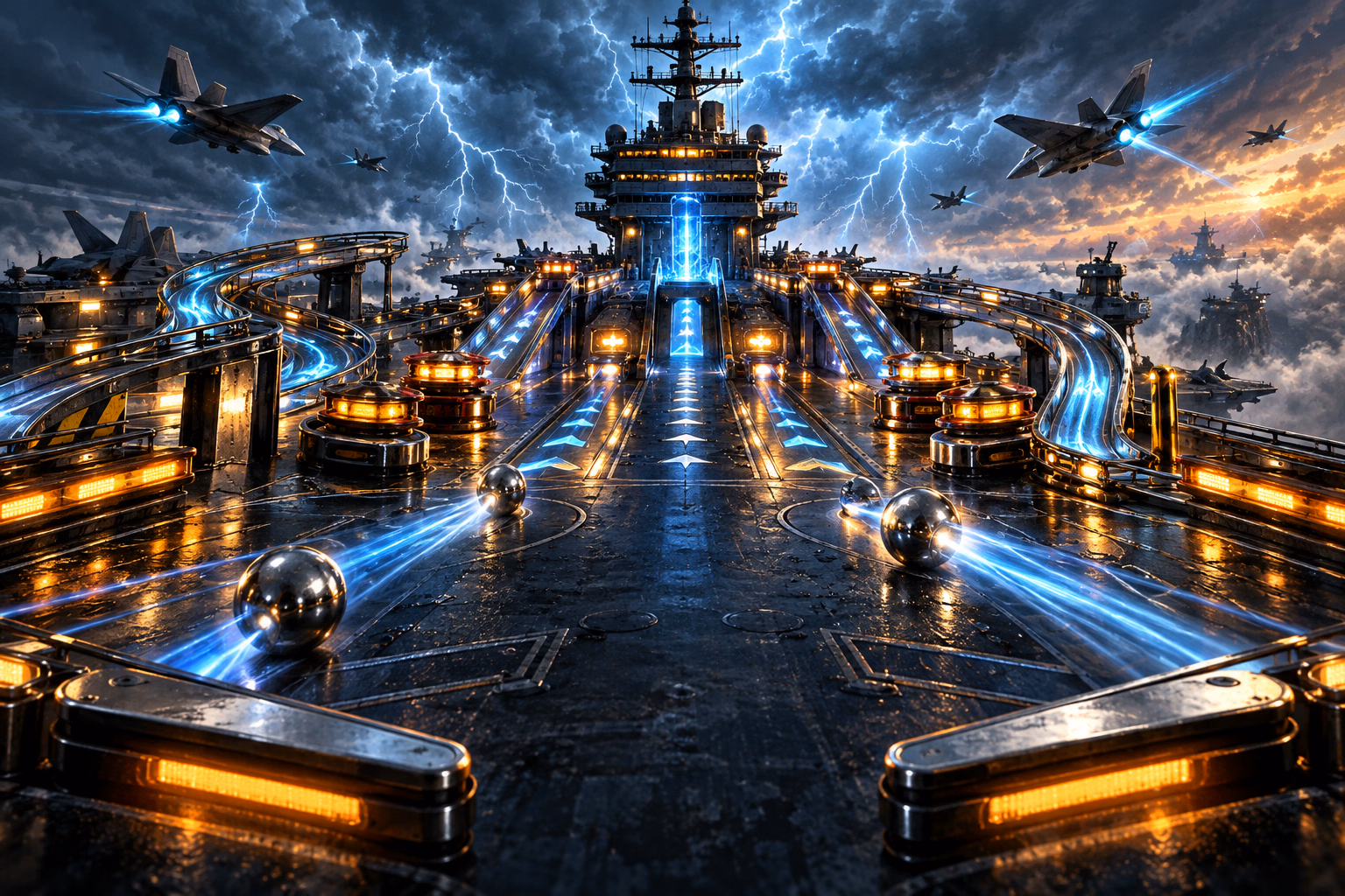 A storm-lit airborne carrier transformed into a wide pinball finale
