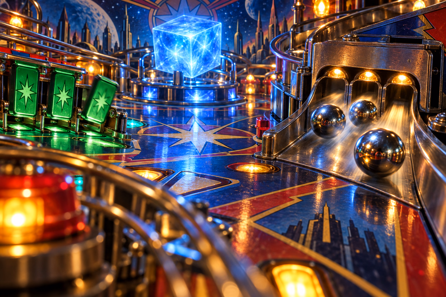 Three chrome balls burst from a steel lock beside a glowing cube and green targets