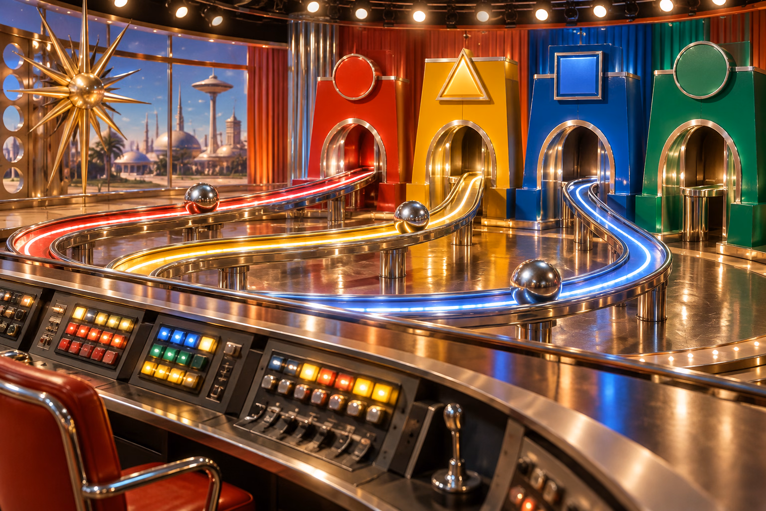 A retro television crime-control room with exactly three chrome pinballs and four color-coded villain stations.