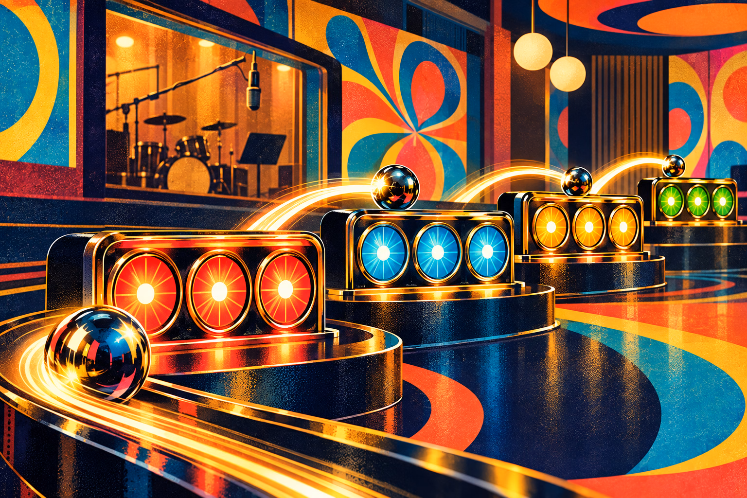 Three rows of stage-light targets illuminating in sequence toward a bright loop at the top of a vintage music set.