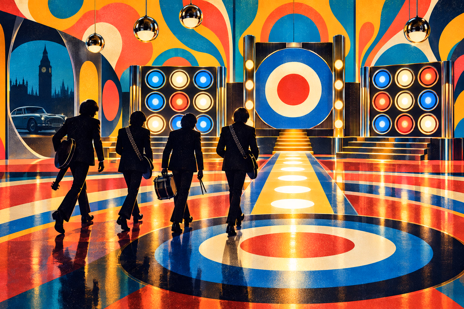 A chrome pinball crossing a colorful 1960s stage toward three illuminated rows of drop targets and an upper loop.