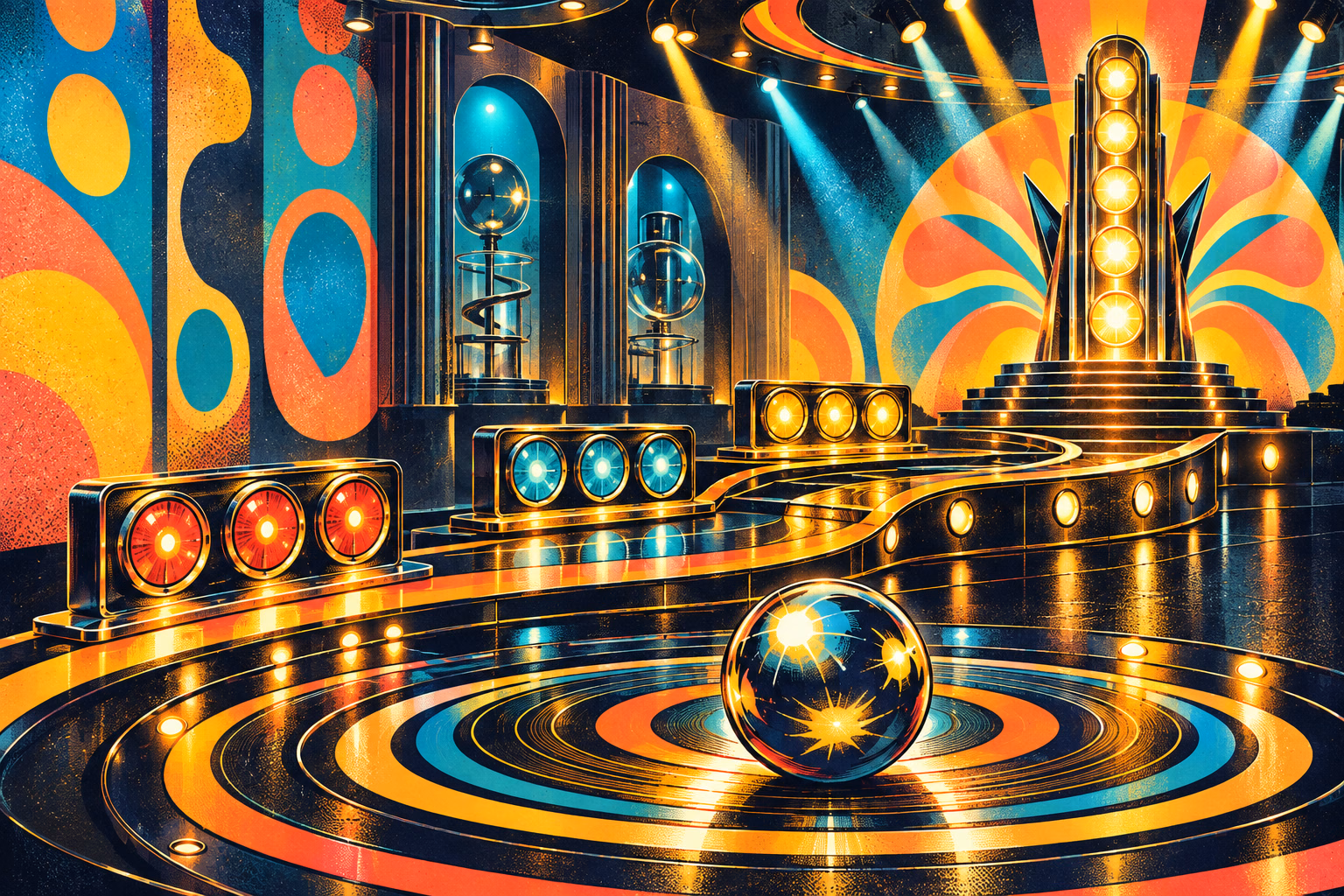 A controlled upper-flipper shot sends a chrome ball through a glowing loop above rows of vintage stage targets.