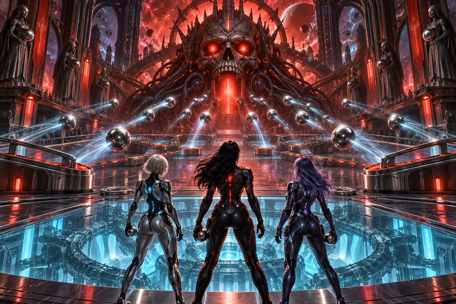 Three synthetic warriors face a huge skull machine as many chrome balls fly through a mechanical cathedral