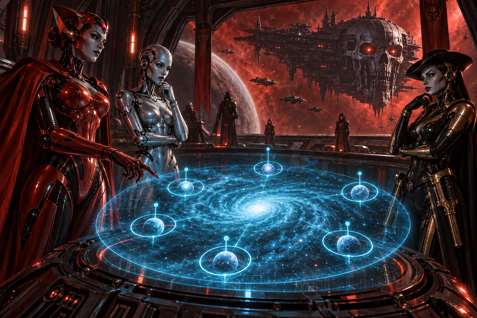 Three synthetic warriors study a holographic mission map as a skull ship approaches