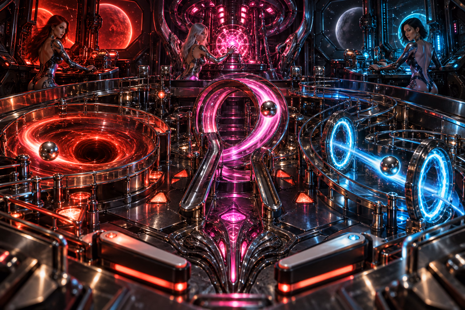 Three chrome pinballs travel through three different neon machine routes