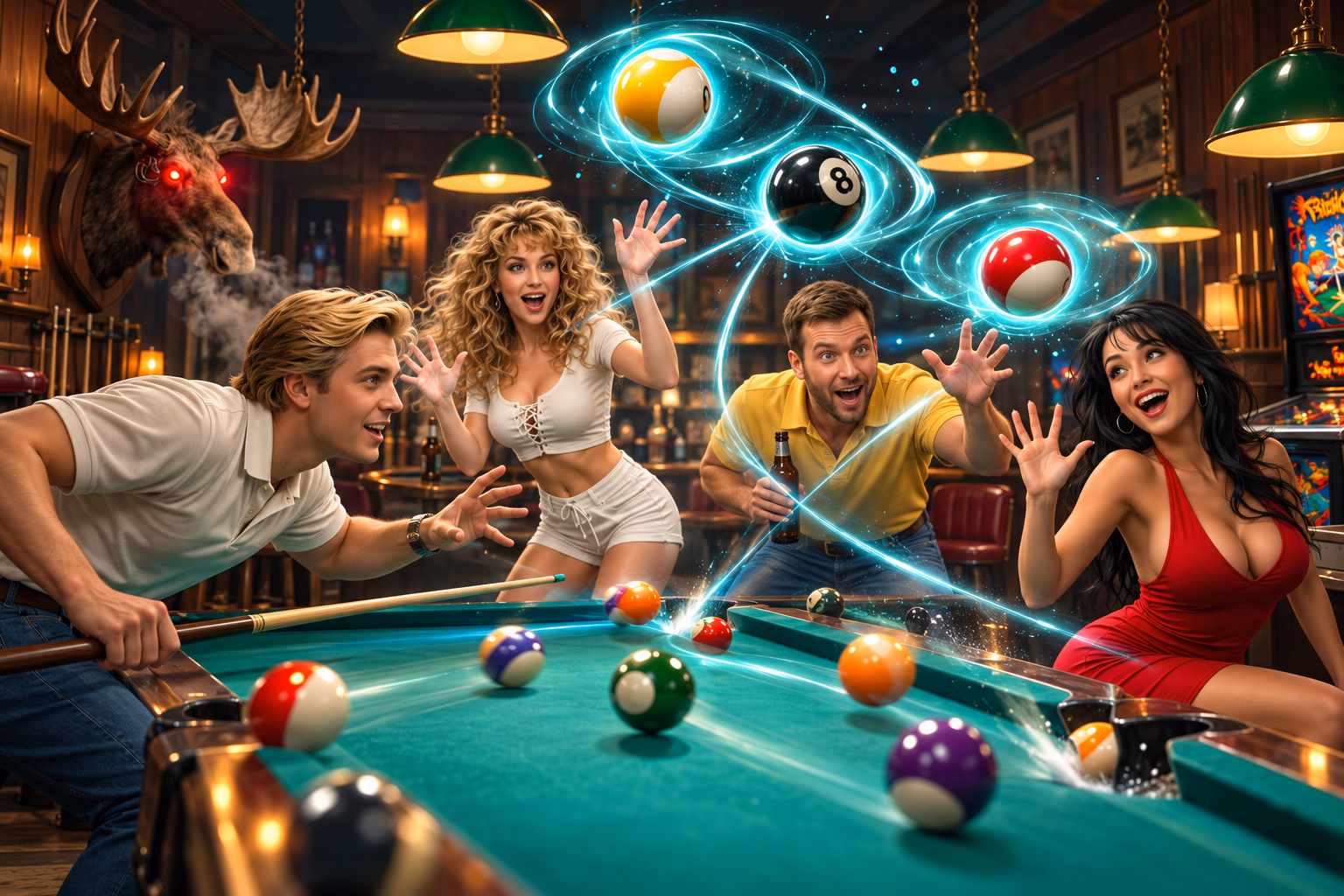 Poolhall characters considering their next play