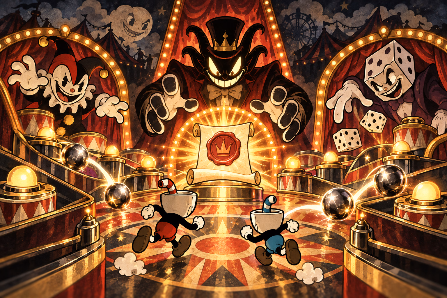 Two rows of contract targets climb through an infernal carnival toward a looming final bank under stage lights.