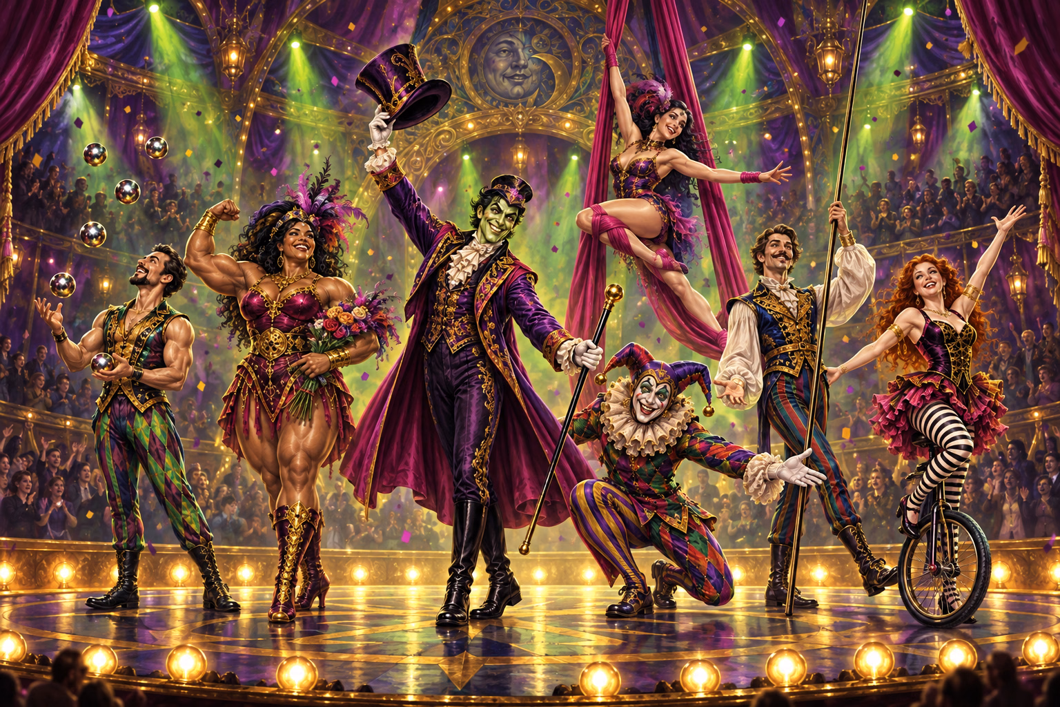 Seven circus performers celebrate together at the final curtain call