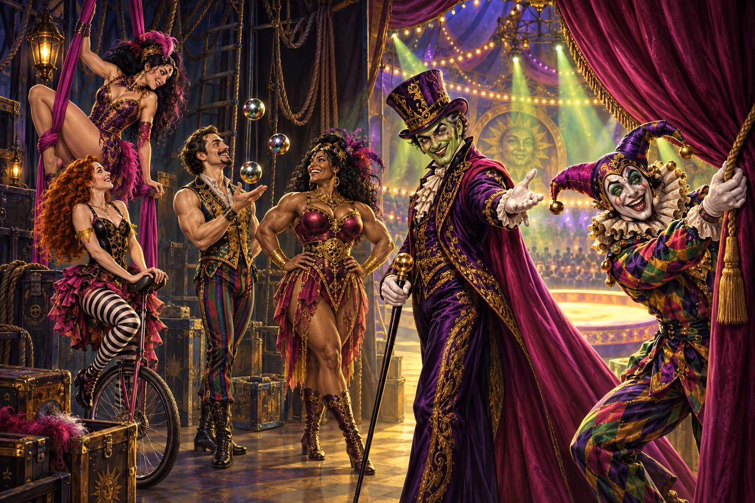 The Ringmaster welcomes a juggler, aerialist, strongwoman, unicyclist and harlequin backstage