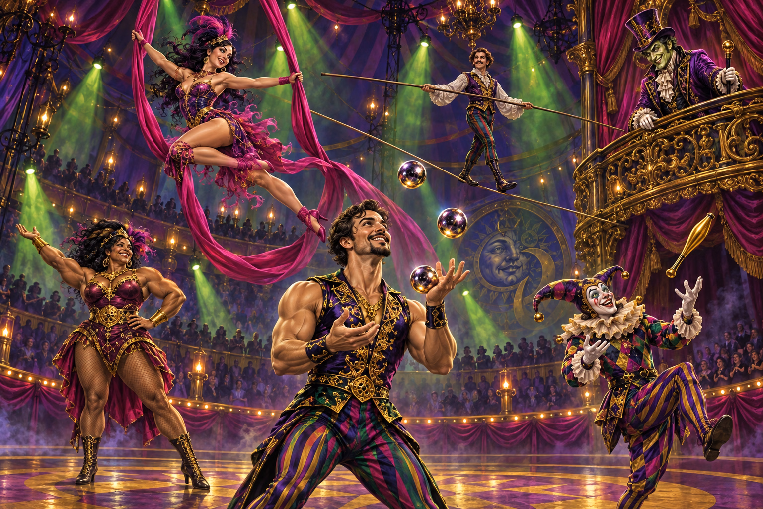 A juggler performs with three chrome spheres while aerialists and the circus cast entertain the crowd