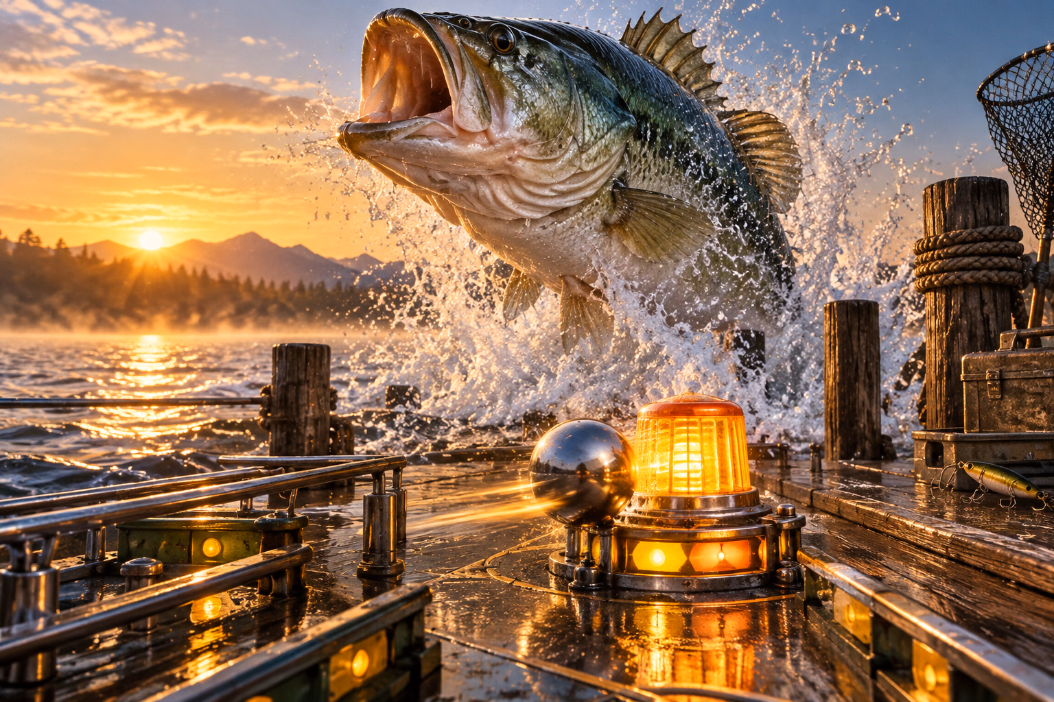 A giant trophy fish erupts beside a glowing jackpot beacon
