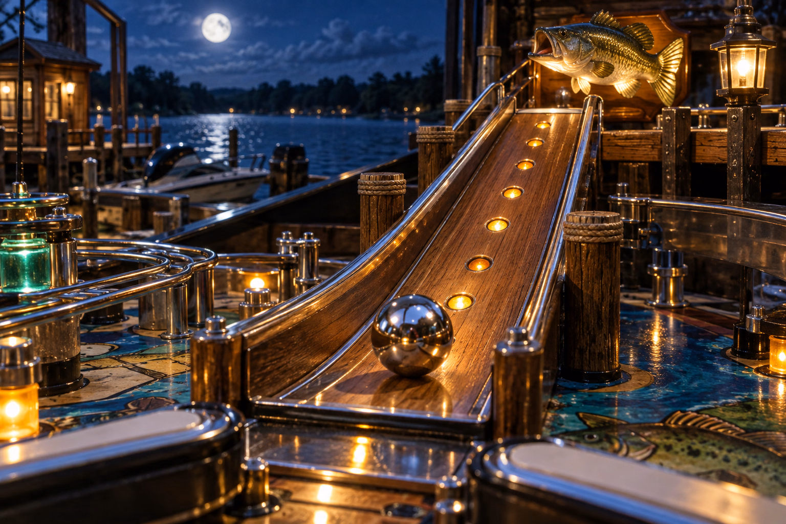 A chrome pinball races up a wooden trophy-fish ramp