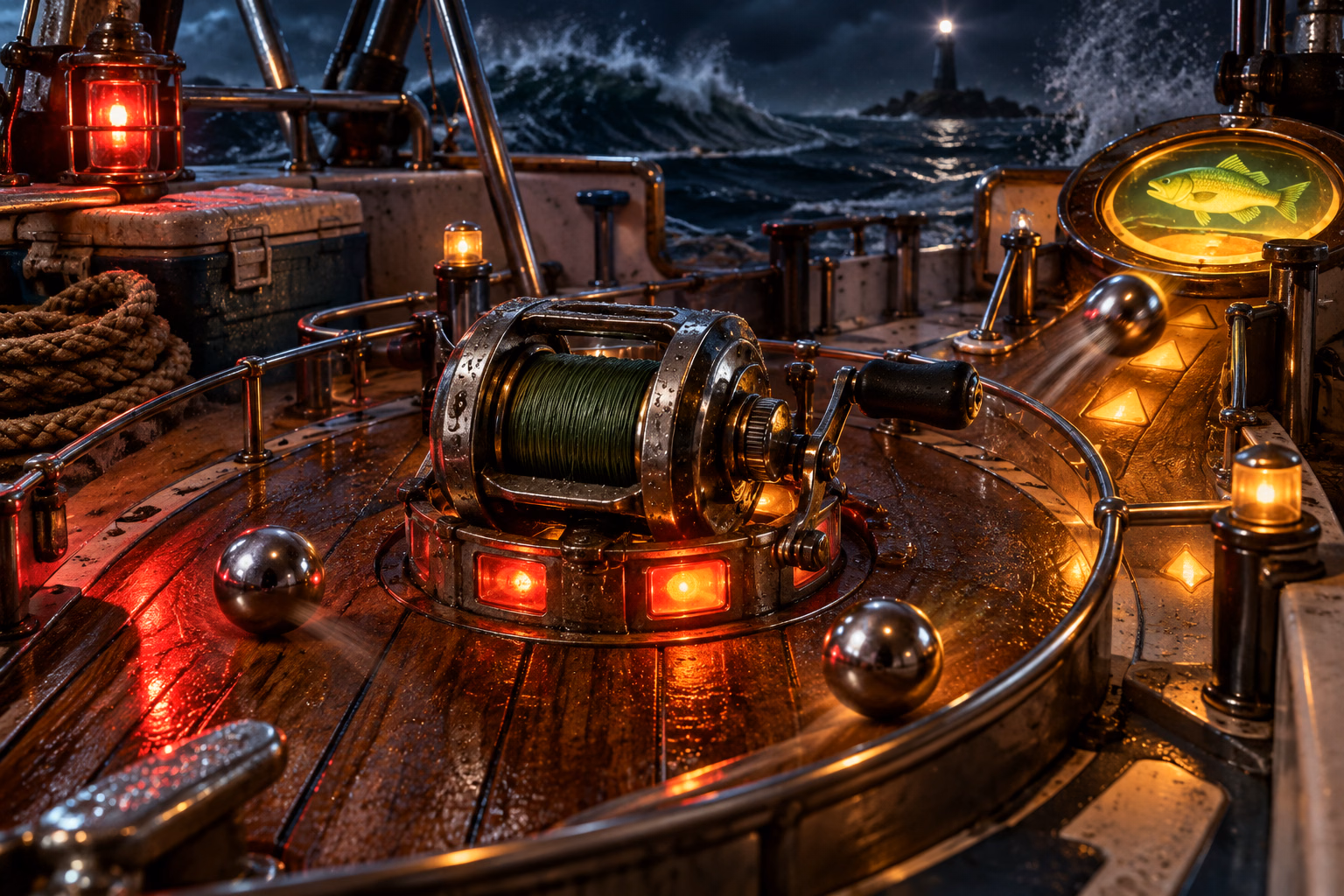Three chrome pinballs circle a fishing reel and glowing saucer