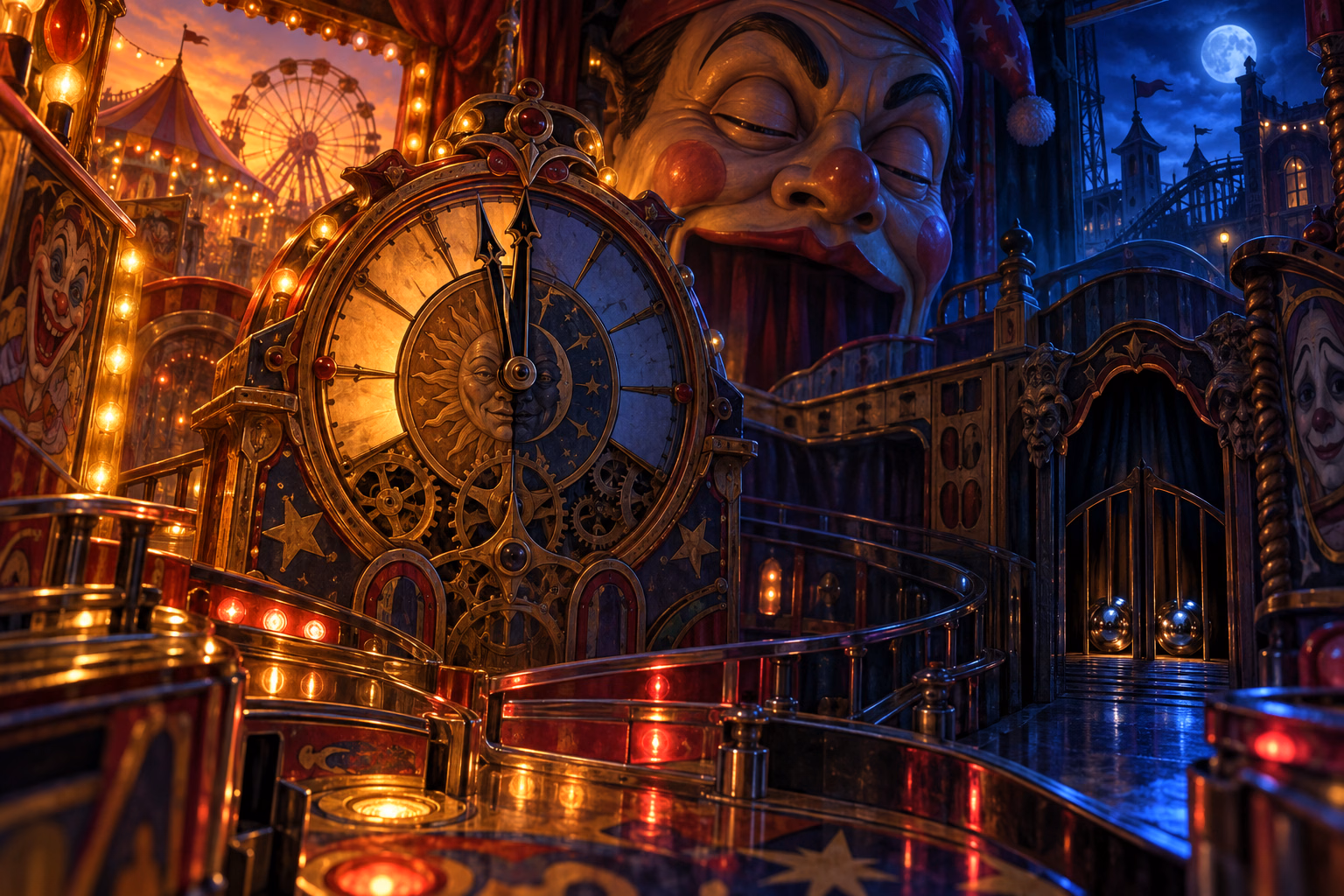 Clock-to-midnight progression: Advance the clock to 11:30, lock twice, and open Rudy's mouth at midnight.