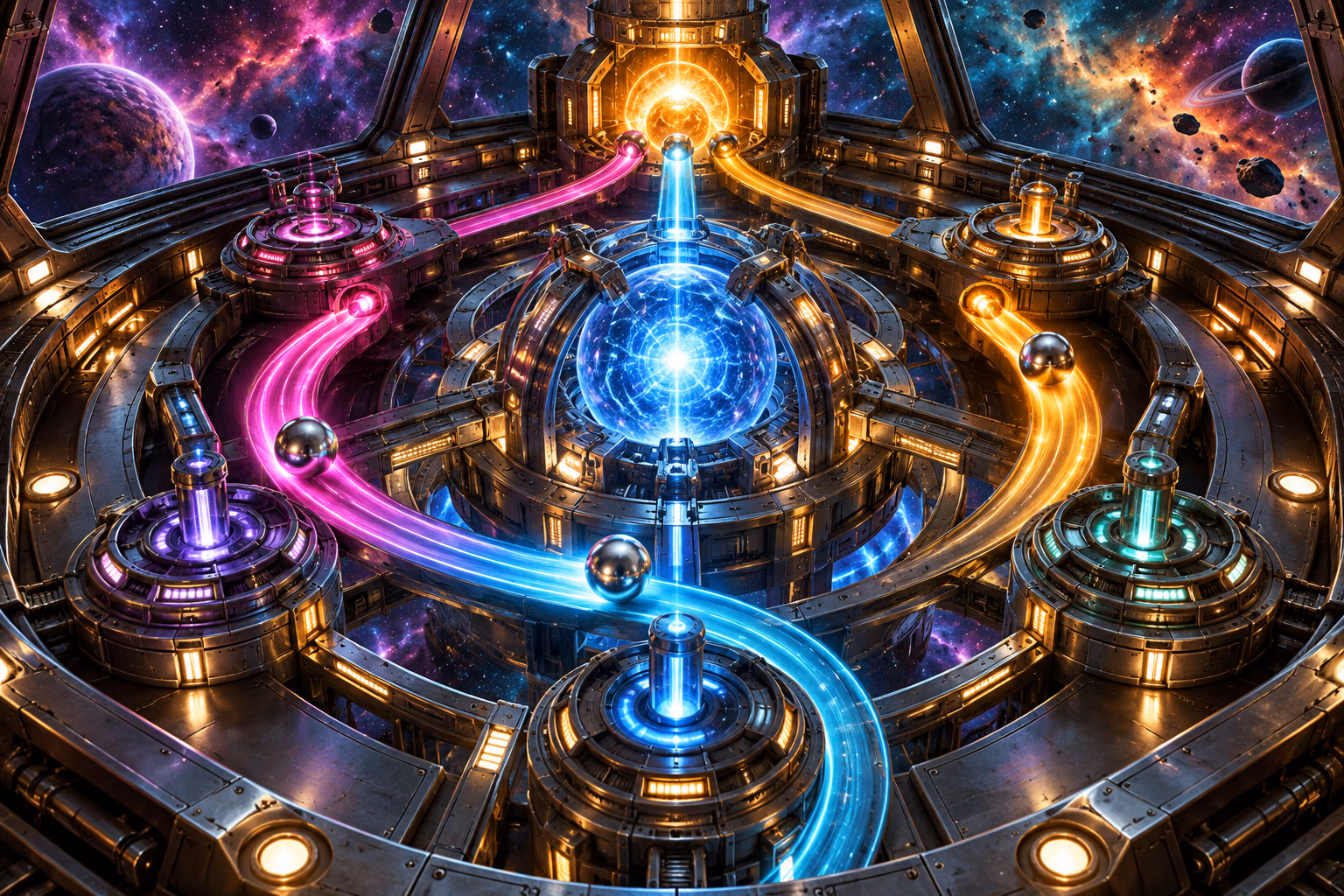 Three chrome balls around a glowing spacecraft energy core