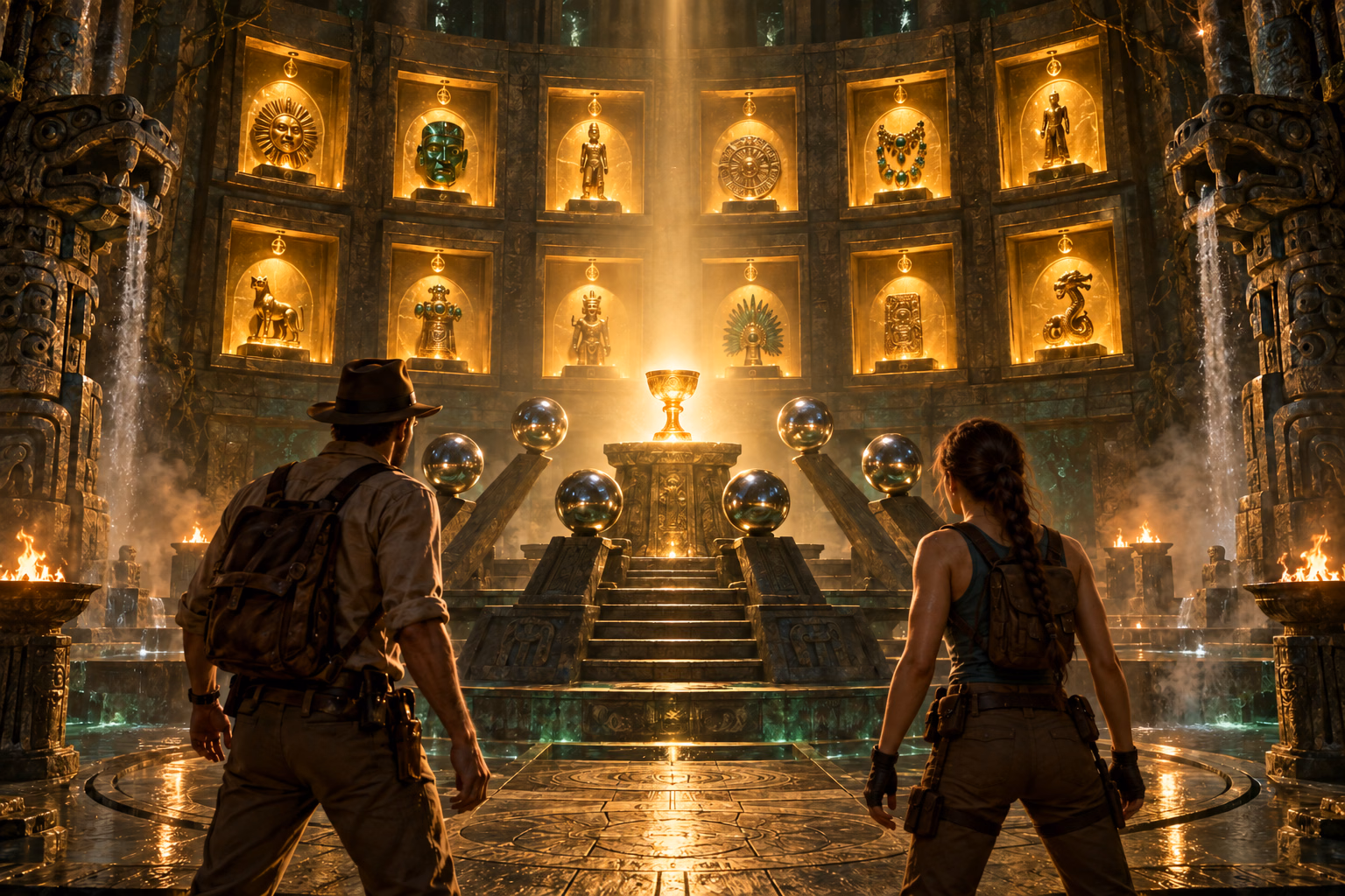 A male explorer and a braided woman explorer face a chalice surrounded by twelve illuminated relic niches and six chrome balls