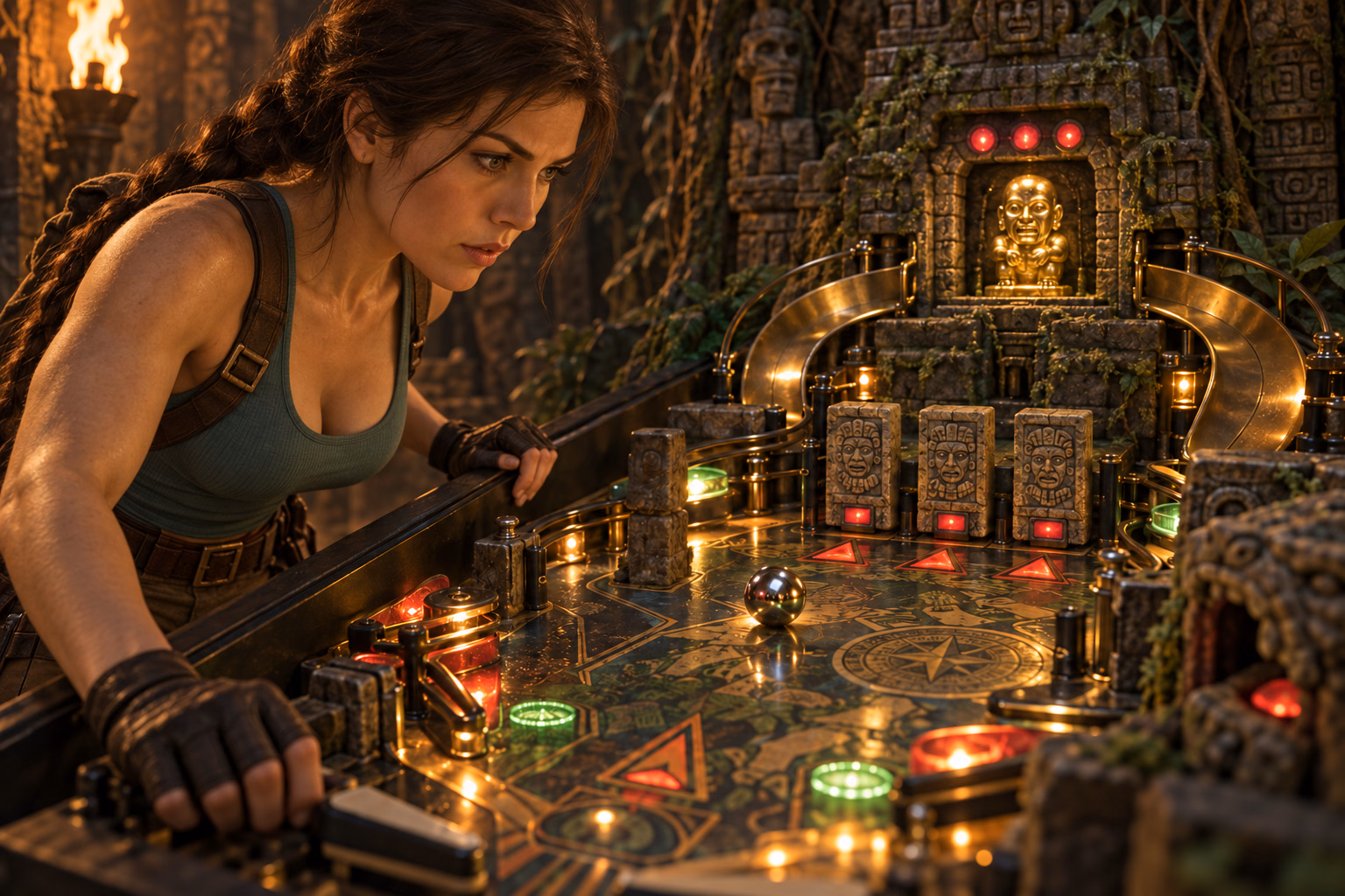 A braided woman explorer studies a chrome ball approaching three stone targets and a golden idol