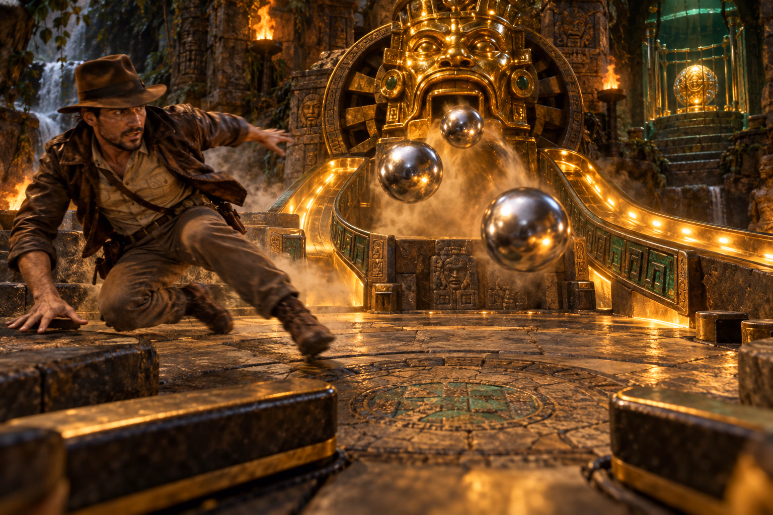 An explorer dives as three chrome balls burst from a golden idol mechanism