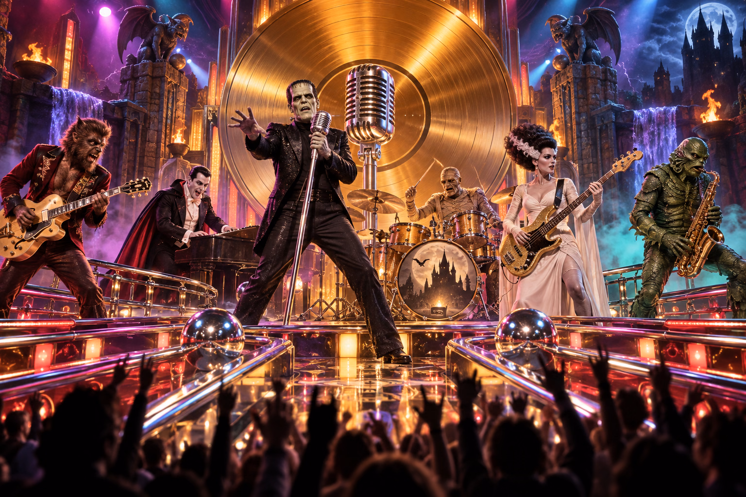 A supernatural monster band performs before a giant gold record