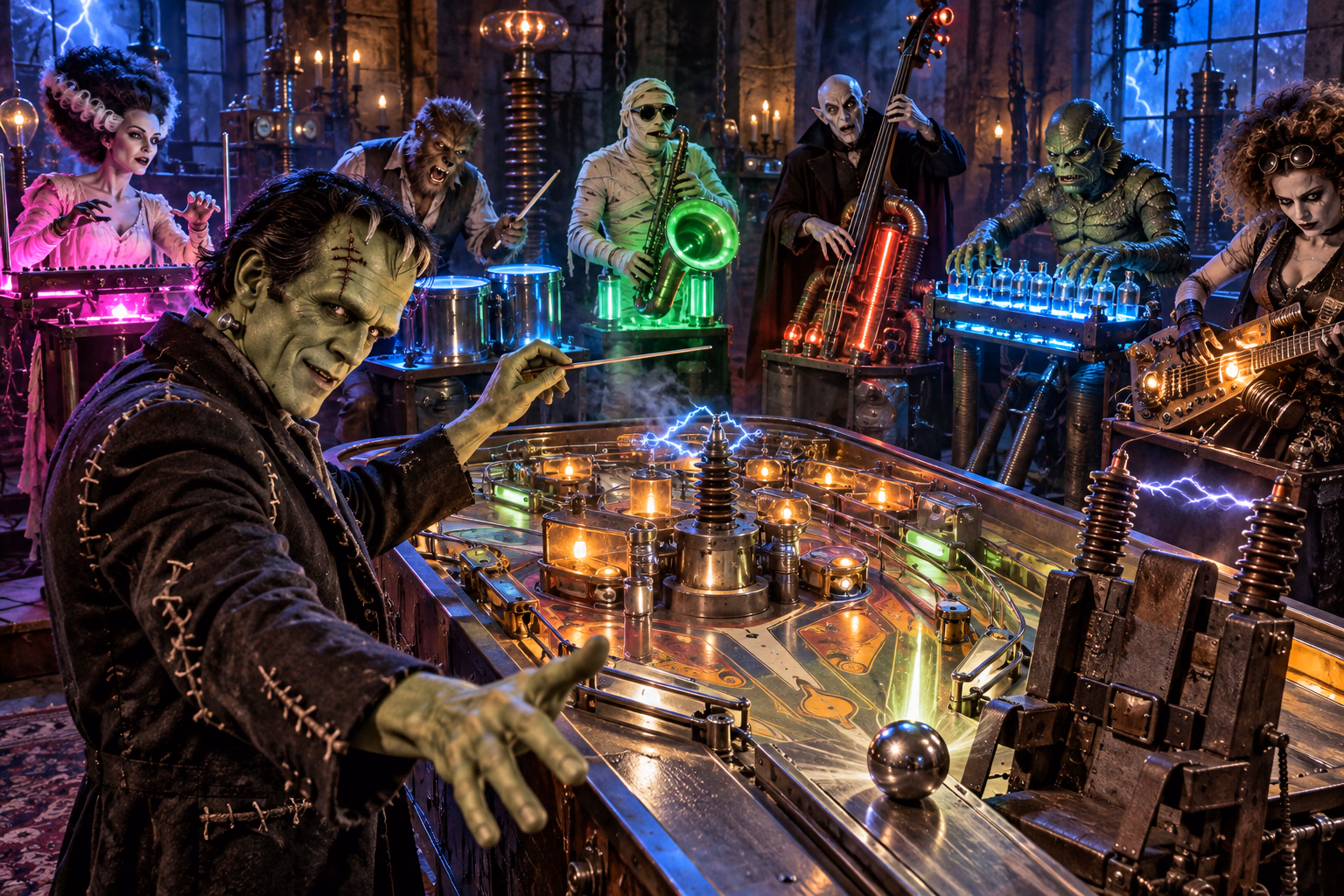 A stitched monster conducts a supernatural band around a pinball machine