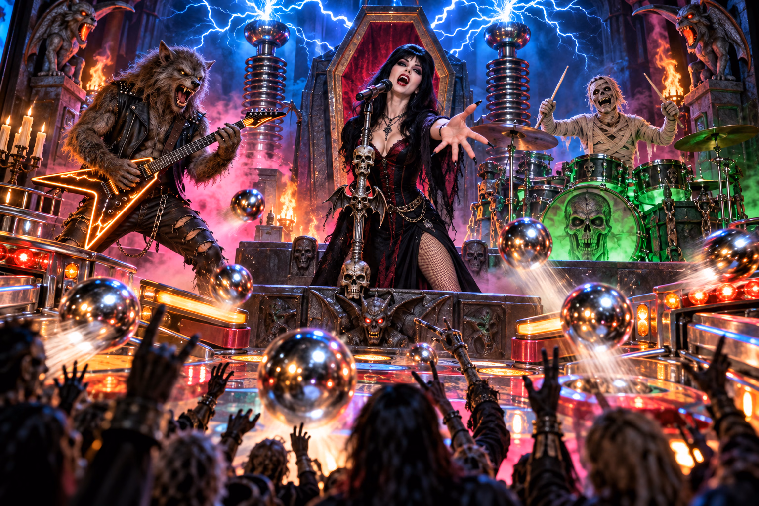A gothic singer, werewolf guitarist and mummy drummer perform as chrome balls fly across a monster concert