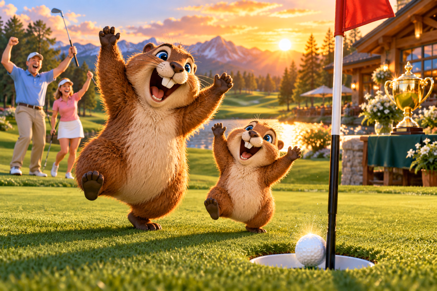 Bud and Buzz at the final hole amid flying golf balls