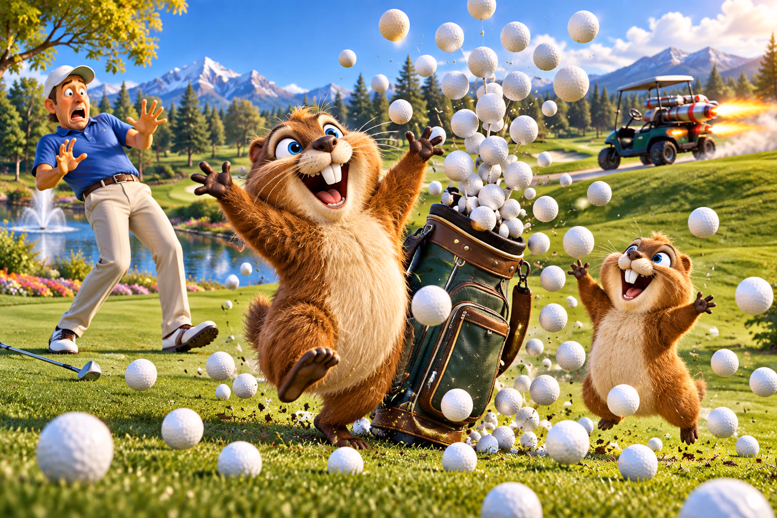 Golf balls scattering around Bud and Buzz