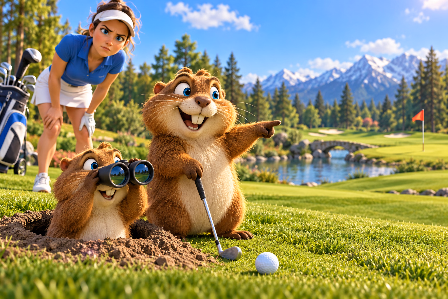 Two mischievous gofers blocking a golfer's route