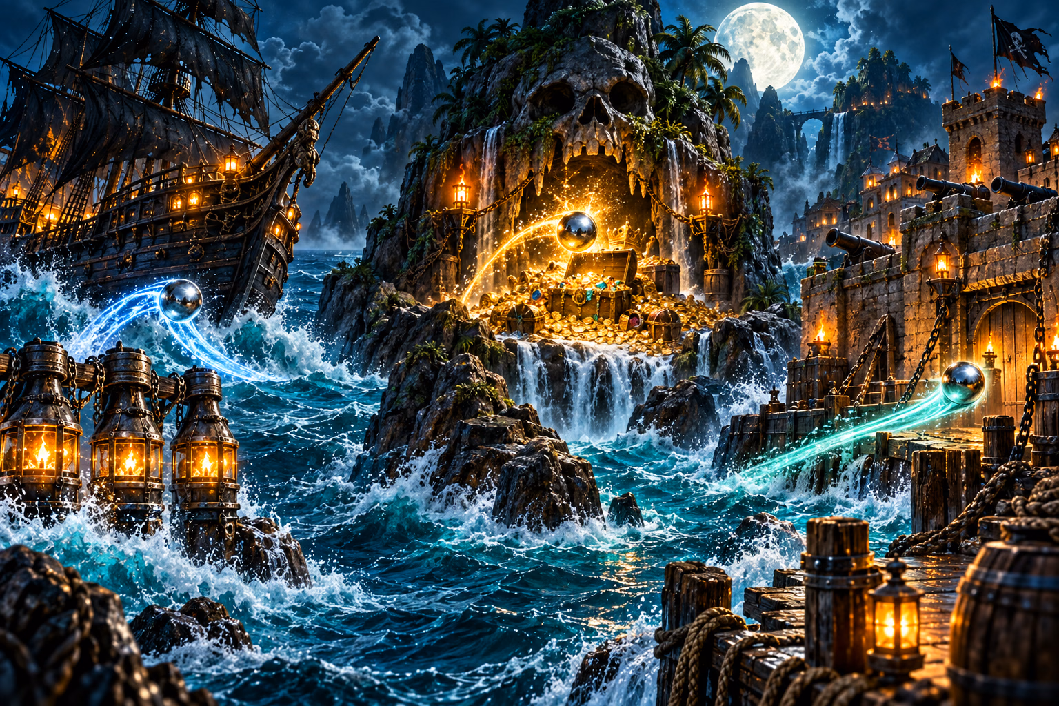 Several chrome pinballs race through a moonlit pirate cove toward a treasure chest, ship, and glowing jackpot paths.