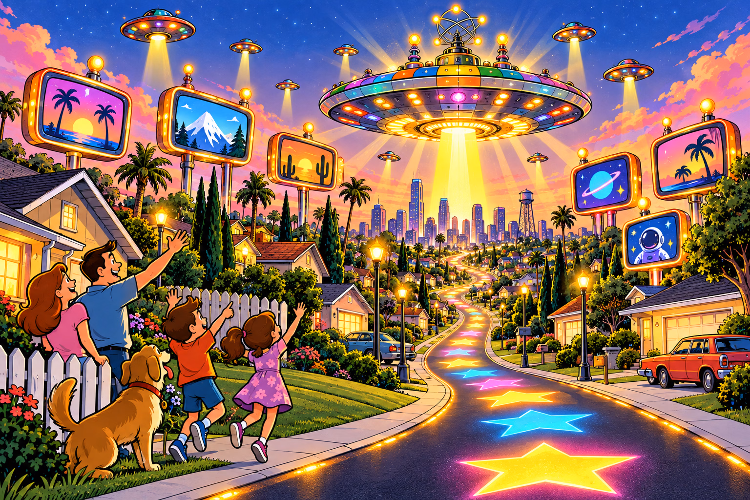 A colorful cartoon suburb is invaded by glowing flying saucers while chrome pinballs streak toward a bright final objective.