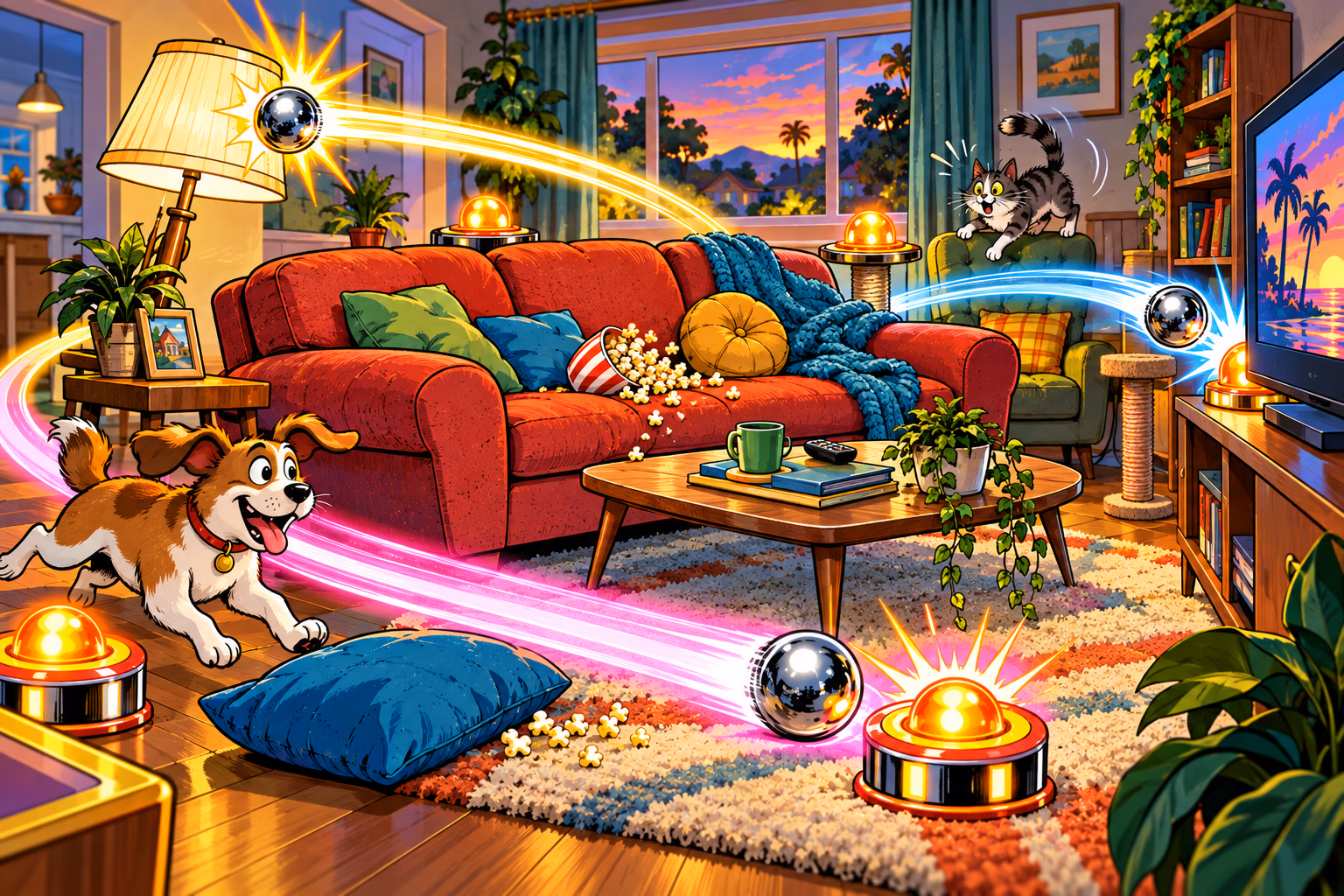 Three chrome balls burst from a cartoon suburban couch as colorful jackpot paths spread across a lively television set.