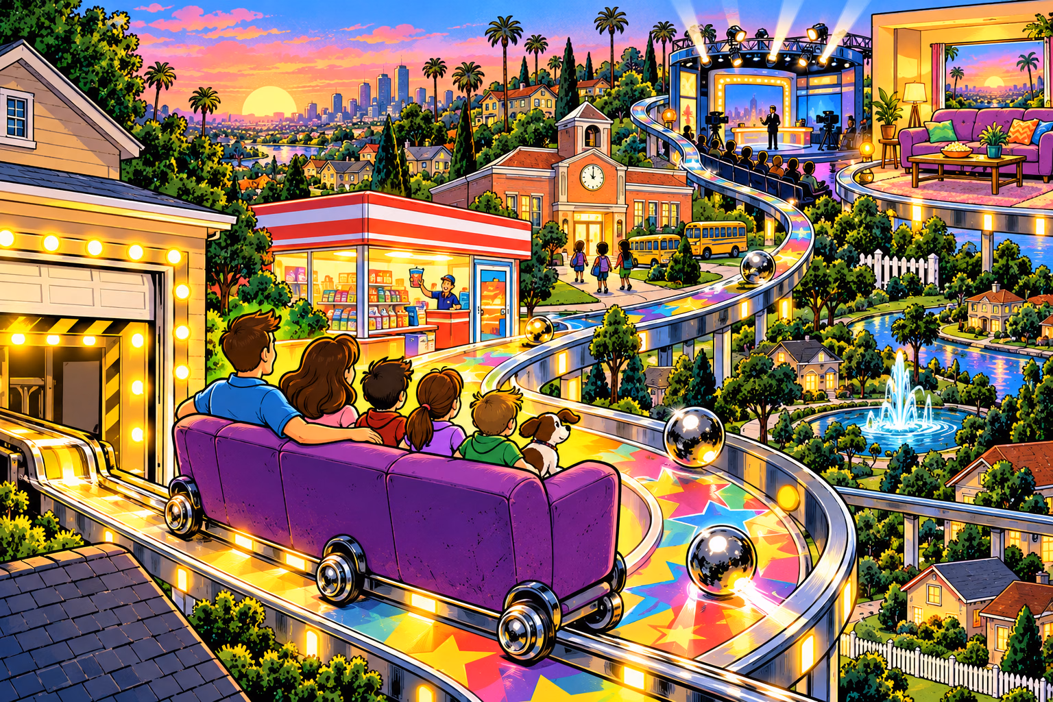 A bright suburban television-room pinball route links a garage, school bus, and glowing television shot with one chrome ball.