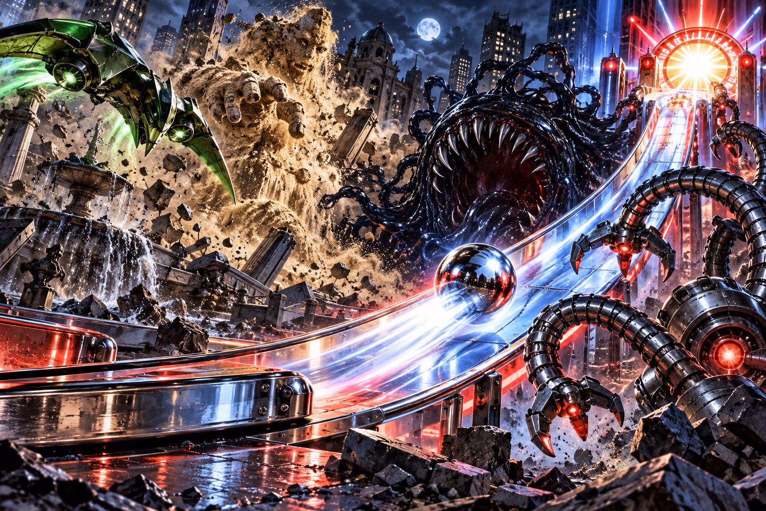 A comic-book city showdown with four villain stations converging on a bright final ramp.