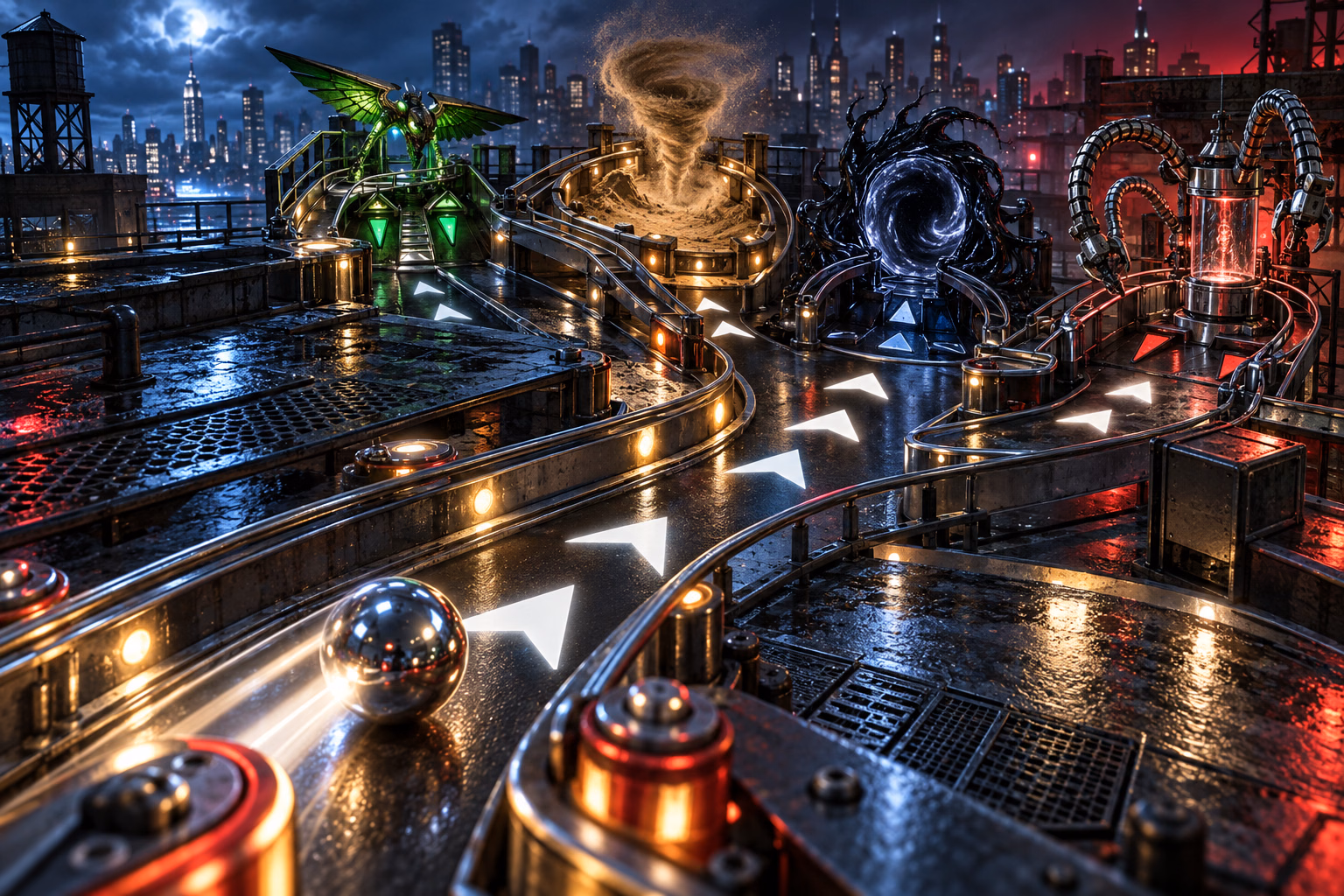 A chrome pinball follows a red-lit route through a comic-book city toward an elevated side ramp.