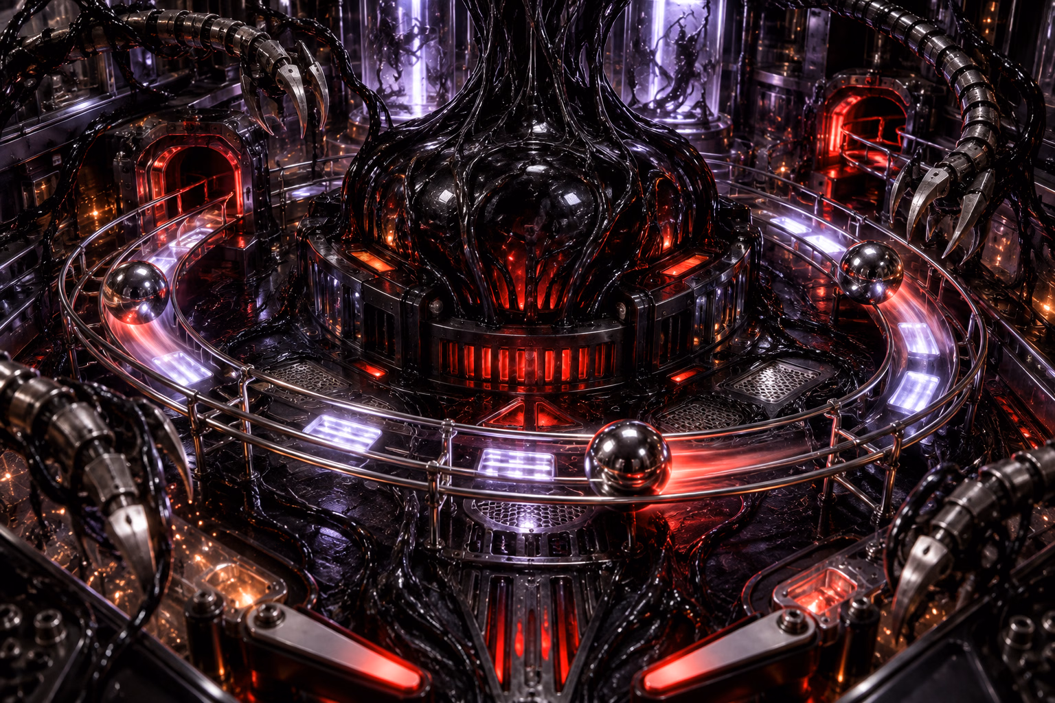 Several chrome pinballs race through a comic-book city while white jackpot arrows glow across the playfield.