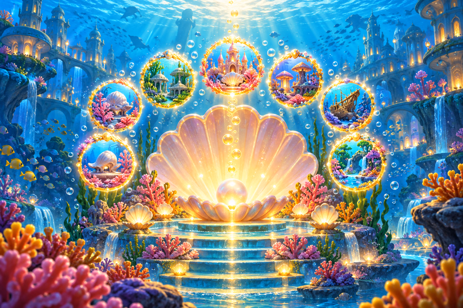 A giant glowing shell opens over an underwater carnival as pearl-like pinballs converge on the final illuminated shot.