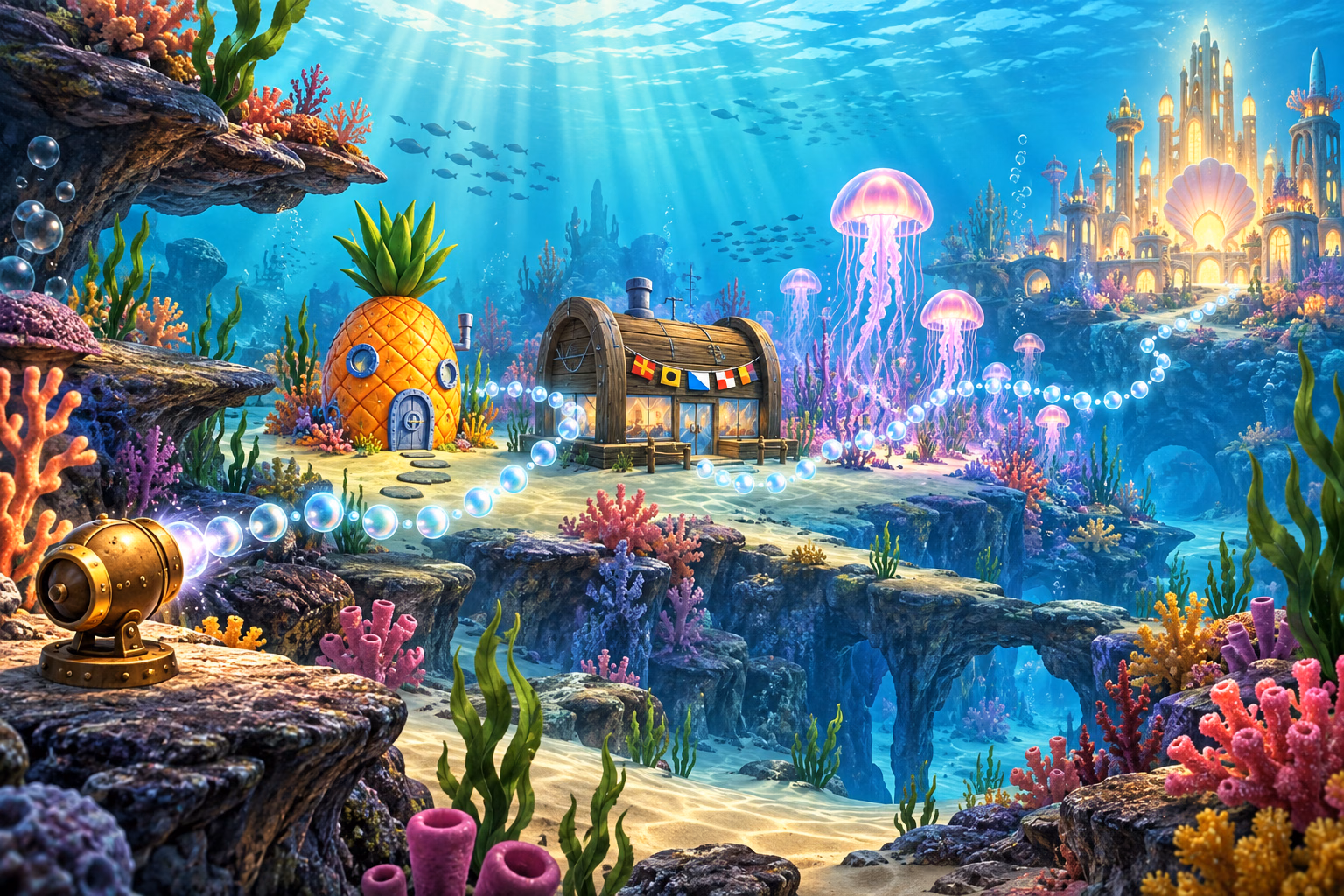 An underwater pinball route moves from a pineapple home past a nautical restaurant toward a glowing jellyfish field.