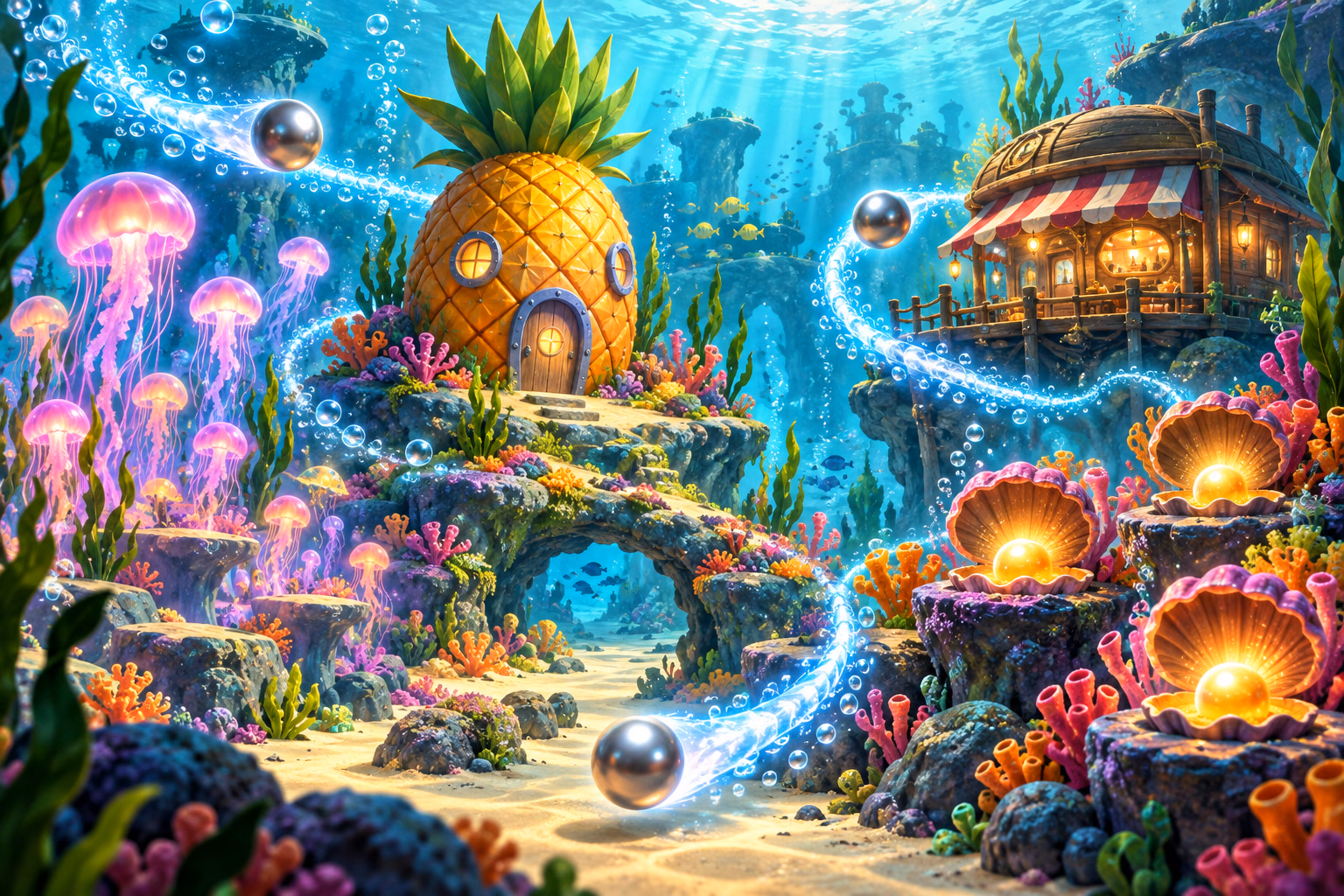 Three pearl-like pinballs race through a cheerful underwater restaurant and jellyfish garden along glowing jackpot paths.