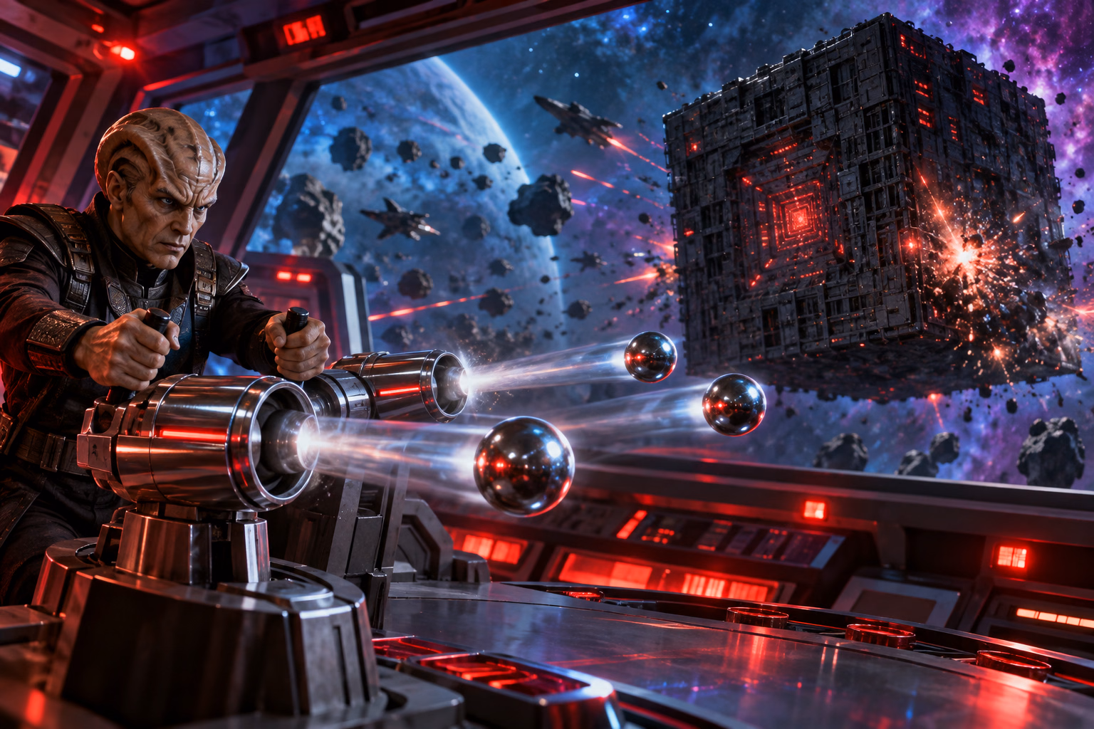 An alien officer fires three chrome balls from twin cannons toward a cube vessel