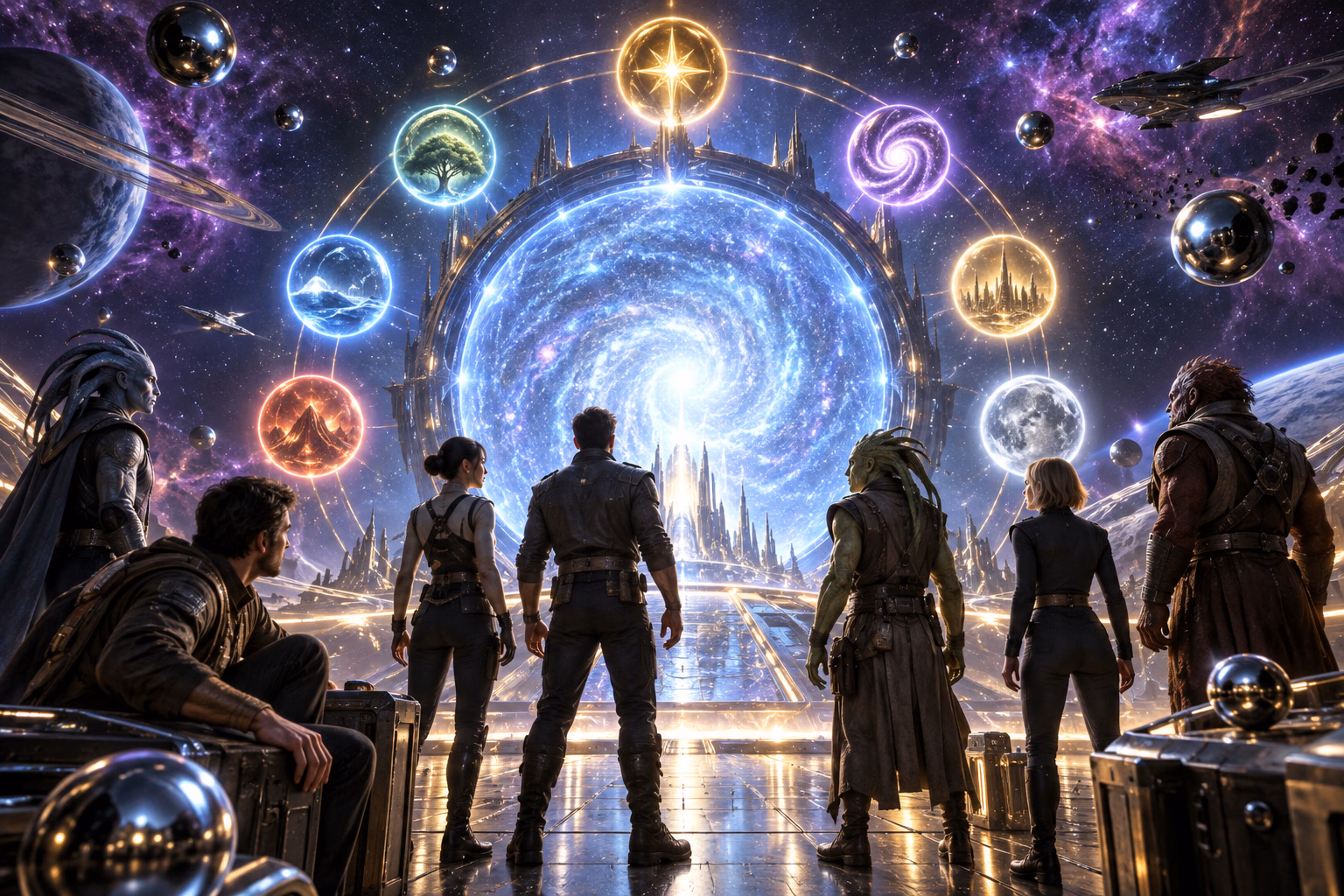 A mixed human and alien crew faces a radiant portal surrounded by seven mission beacons