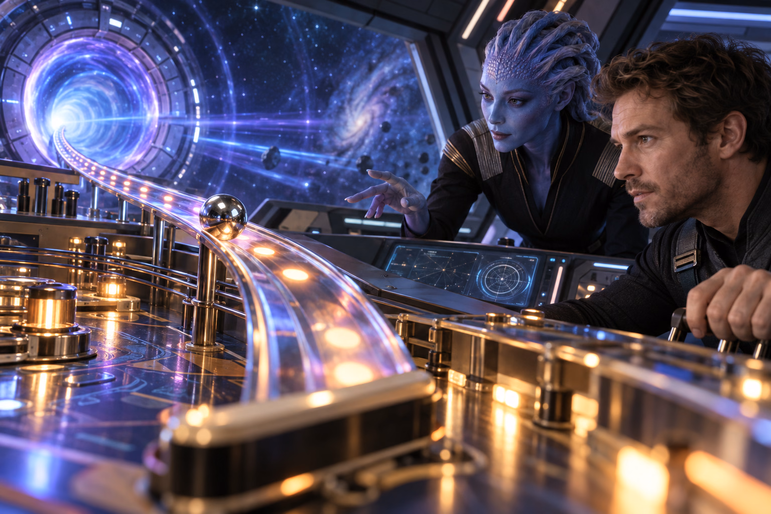 An alien science officer and pilot guide a chrome probe toward a space portal