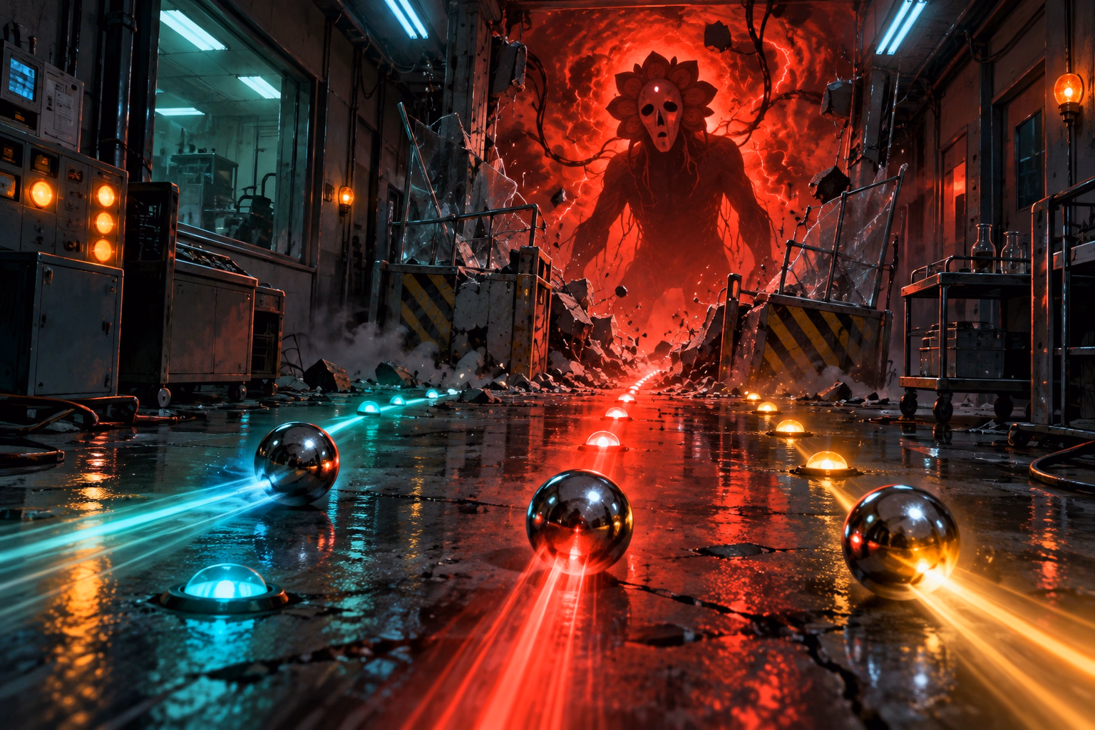 Several chrome balls streak through a red-lit supernatural arcade toward a looming flower-faced monster and glowing jackpot lanes.