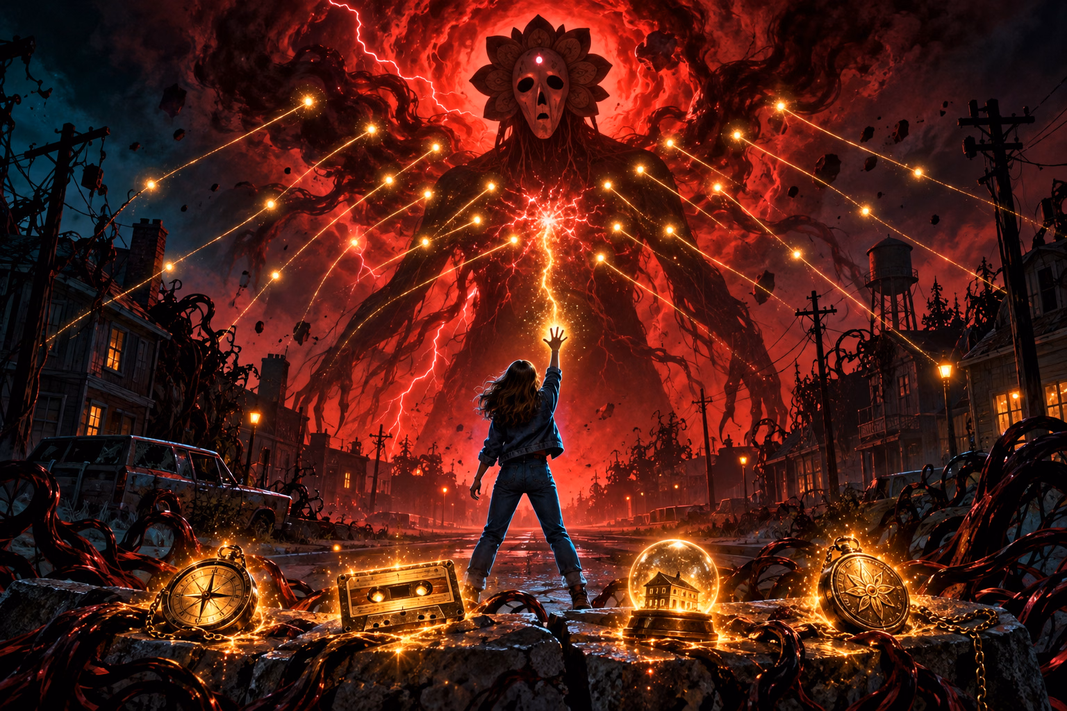 A final supernatural arcade battle with three chrome balls, a flower-faced monster, a glowing central target, and a red storm overhead.