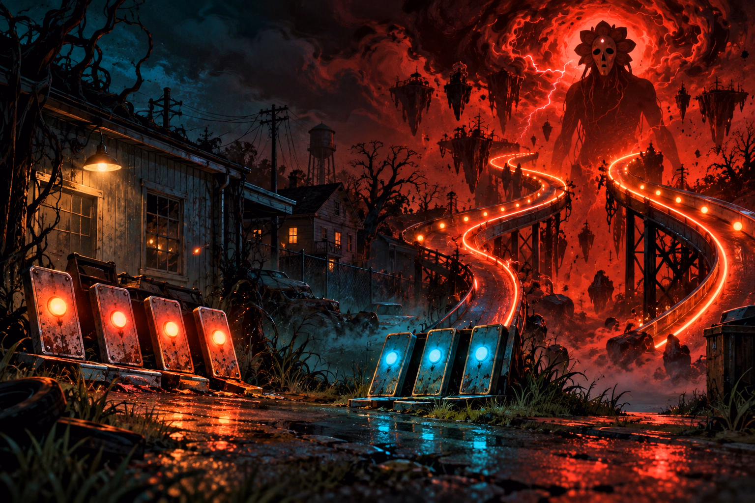 A chrome ball enters a storm-dark small-town arcade route between two rows of glowing letter targets and three illuminated ramps.