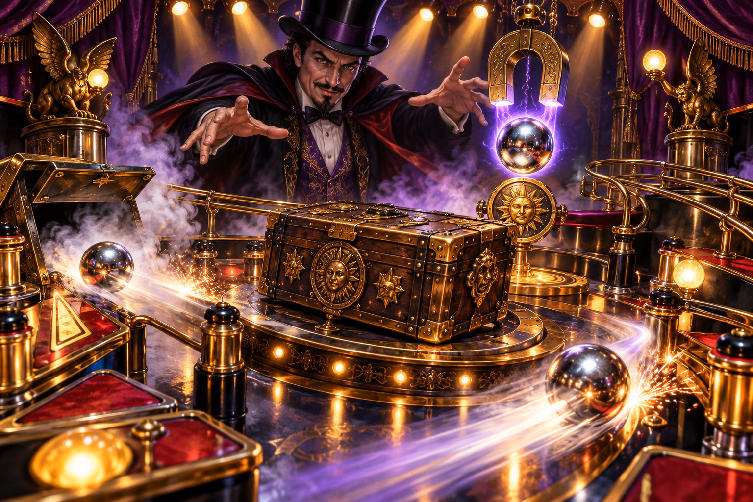 Theatre Multiball flow: Spell MAGIC on the ramps, lock behind the trunk, hit the bull's-eye, then chase jackpots.