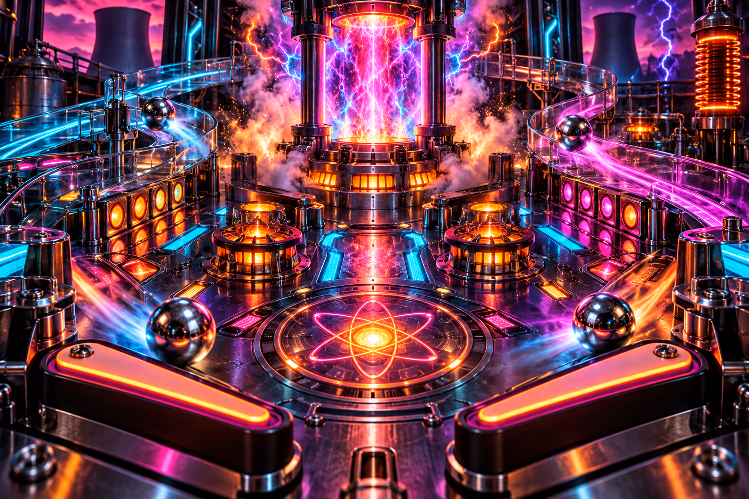 Multiball multiplier flow: Lock two balls, start multiball, and destroy reactors while every point is multiplied by balls in play.