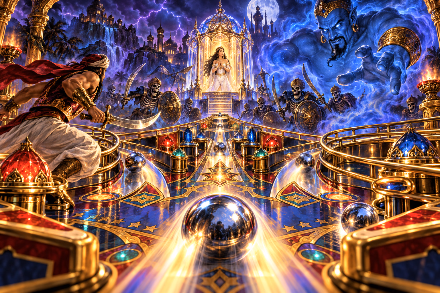 Multiple chrome balls charge through skeletons toward the Genie and the imprisoned Princess.