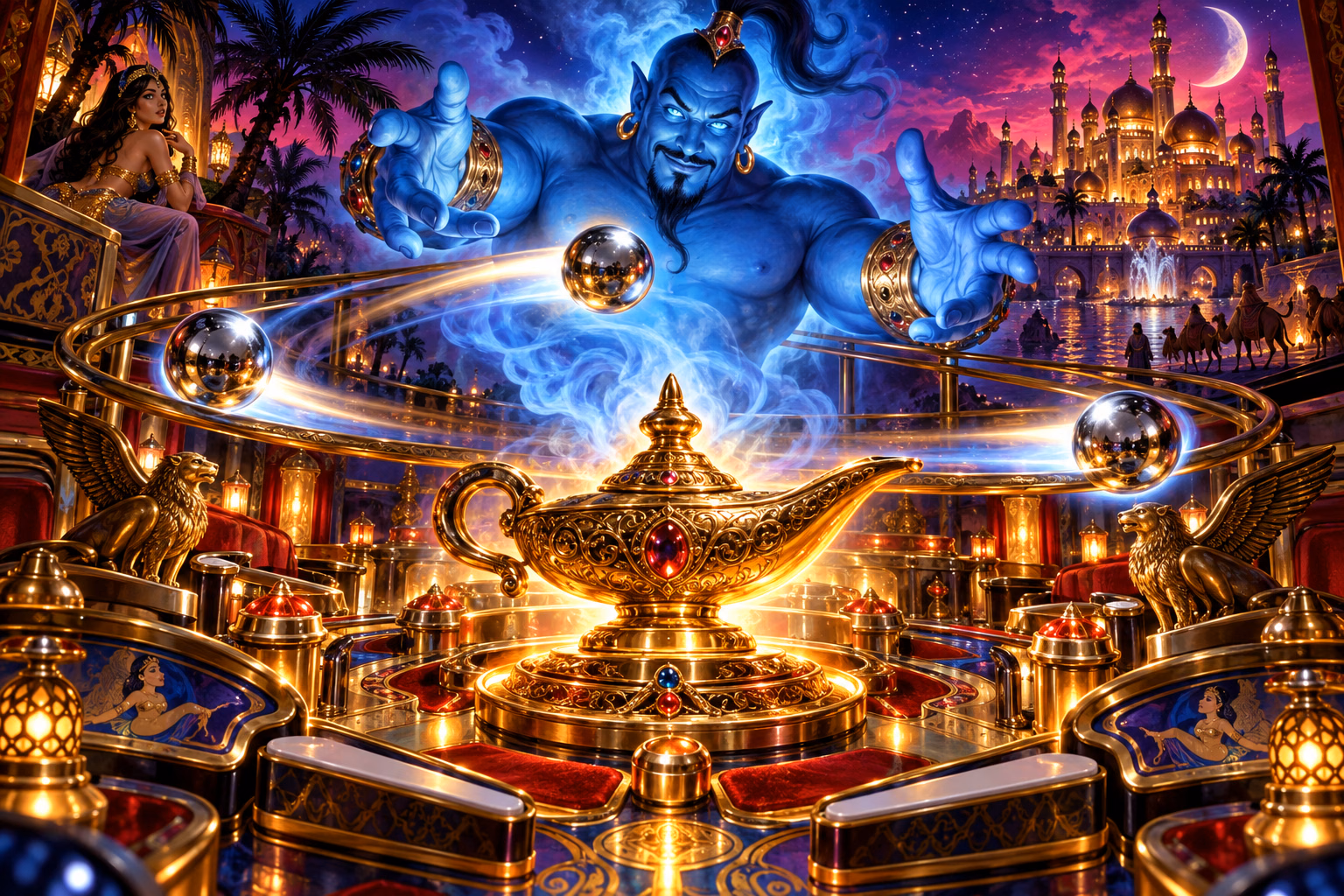 Three chrome balls circle the lamp beneath the Genie during multiball.