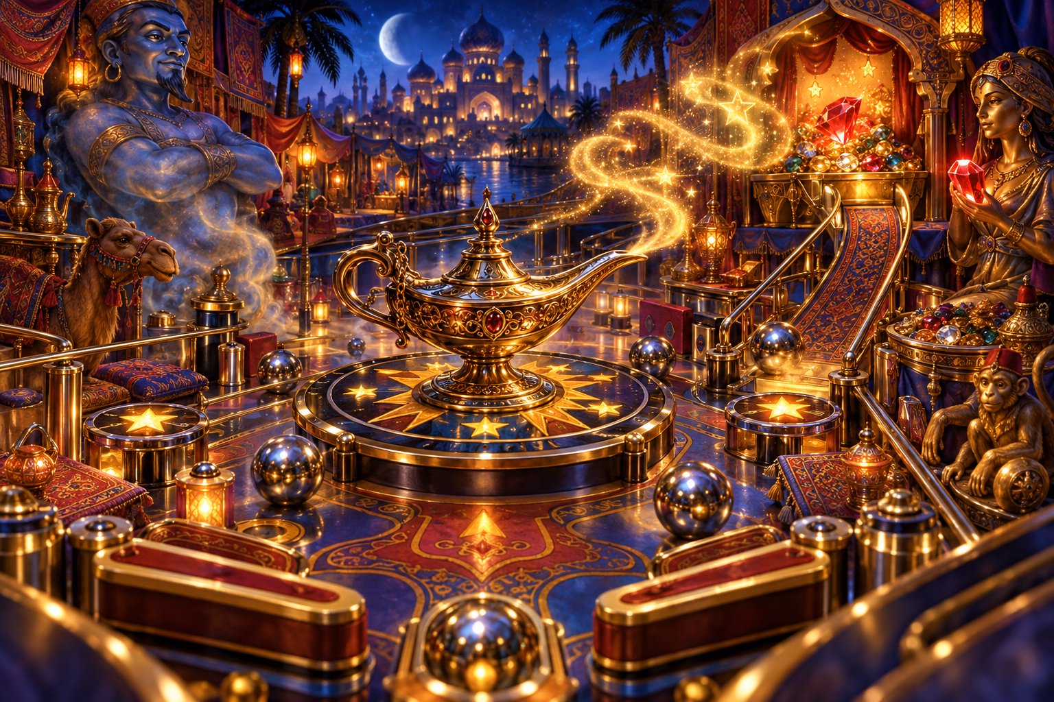 A spinning brass lamp sends golden magic toward the Bazaar and a glowing ruby.
