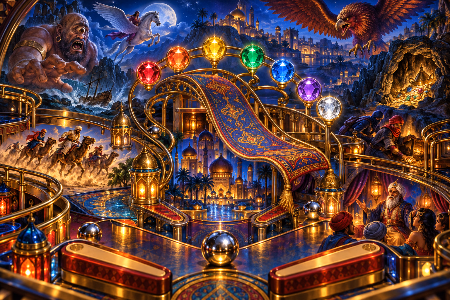 Seven glowing jewels surround the magic carpet amid scenes from the seven Tales.